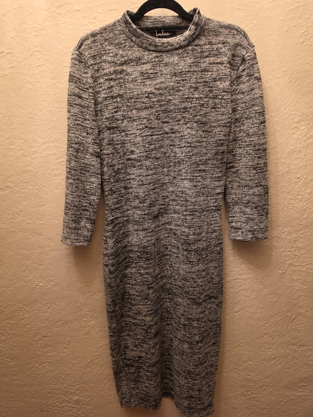 Lulus Gray Black Marled Mock Neck Sweater Dress Bodycon Midi L Made USA